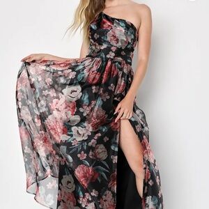 Lulu's Black and Pink Floral Strapless Dress
